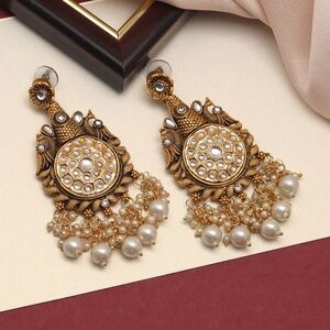 White Color Matte Gold Kundan Earrings